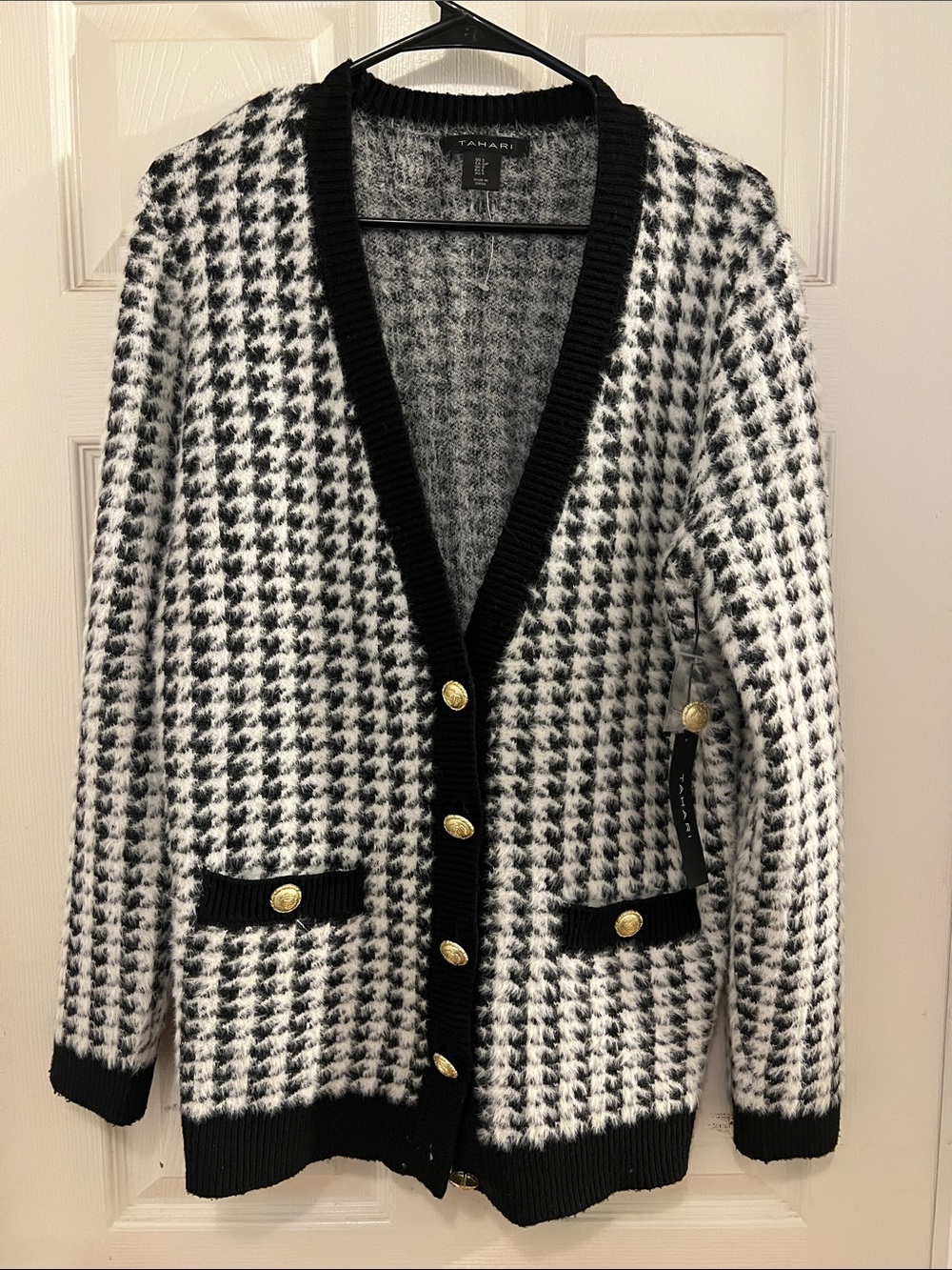 NWT Tahari Black & White Houndstooth Knit Cardigan Oversized Sweater, sz Small